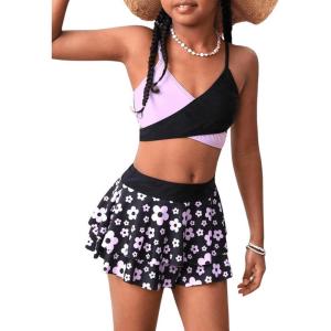 imageGirls 3 Piece Swimsuit Set Boho Criss Cross Wrap Colorblock Bikini Set with Floral Batuing Suit Cover UpsBlack