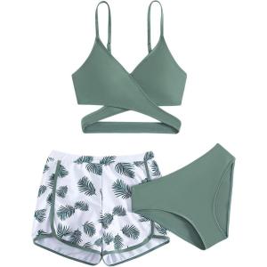 imageGirls 3 Piece Swimsuits Tropical Sleeveless Criss Cross High Waisted Bikini Cute Bathing SuitArmy Green