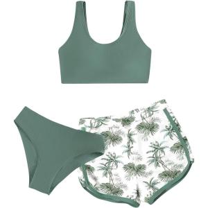 imageGirls 3 Piece Swimsuits Tropical Wireless Sleeveless Cute Bikini Bathing Suit with Beach ShortsGreen