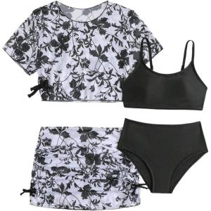 imageGirls 4 Piece High Waisted Bikini Sets Bathing Suit with Floral Swimsuit Coverups SkirtsBlack and White
