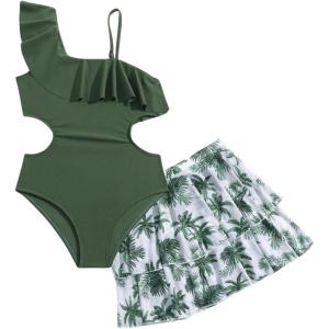imageGirls Bathing Suit Ruffle Asymmetrical Neck Cut Out Swimsuit and Tropical Tiered Beach Skirts Cover UpArmy Green