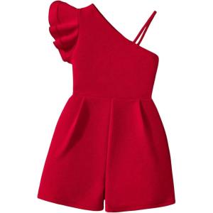 imageGirls Cold Shoulder Ruffle Cap Sleeve Romper Casual Summer Shorts Jumpsuit TopsRed