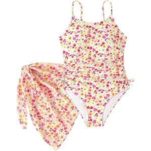 imageGirls Floral Swimsuits Spaghetti Strap One Piece Bathing Suits with Tie Side Coverups Skirt SwimwearMulticolor