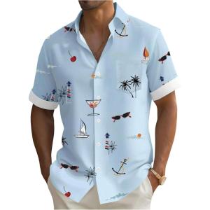 imageMens Tropical Print Button Down Shirts Short Sleeve Collared Vacation Beach Summer Casual ShirtsBlue