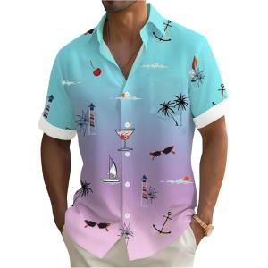 imageMens Tropical Print Button Down Shirts Short Sleeve Collared Vacation Beach Summer Casual ShirtsBlue Purple