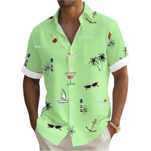 imageMens Tropical Print Button Down Shirts Short Sleeve Collared Vacation Beach Summer Casual ShirtsGreen
