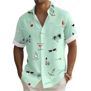 imageMens Tropical Print Button Down Shirts Short Sleeve Collared Vacation Beach Summer Casual ShirtsLight Green