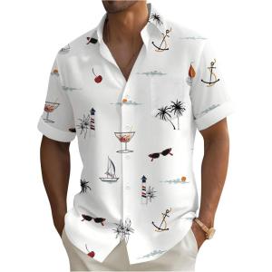 imageMens Tropical Print Button Down Shirts Short Sleeve Collared Vacation Beach Summer Casual ShirtsWhite