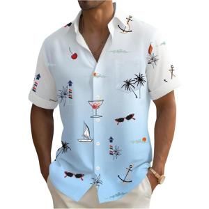 imageMens Tropical Print Button Down Shirts Short Sleeve Collared Vacation Beach Summer Casual ShirtsWhite Blue
