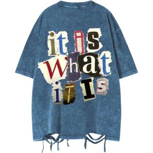 imageMens Vintage Summer Tops Ripped Letter Graphic Tees Short Sleeve Crewneck Oversized T ShirtsBlue