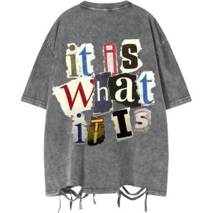 imageMens Vintage Summer Tops Ripped Letter Graphic Tees Short Sleeve Crewneck Oversized T ShirtsGrey