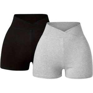 imageWomens 2 Pack Crossover V Waist Skinny Mini Shorts Casual Workout Sports Track ShortsMulticolor