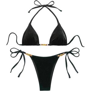 imageWomens 2 Piece Beaded String Bikini Sets Triangle Halter Neck Bathing Suit Padded SwimsuitBlack