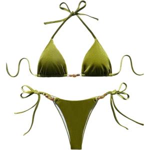 imageWomens 2 Piece Beaded String Bikini Sets Triangle Halter Neck Bathing Suit Padded SwimsuitGreen