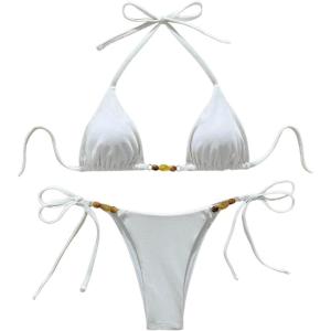 imageWomens 2 Piece Beaded String Bikini Sets Triangle Halter Neck Bathing Suit Padded SwimsuitWhite