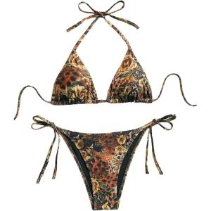 imageWomens 2 Piece Bikini Set Lemon Floral Print Halter Tie Backless Swimsuits Cute String Bathing SuitFloral Brown