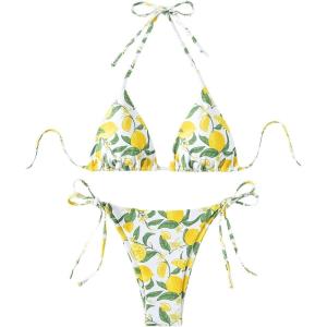 imageWomens 2 Piece Bikini Set Lemon Floral Print Halter Tie Backless Swimsuits Cute String Bathing SuitGreen and Yellow