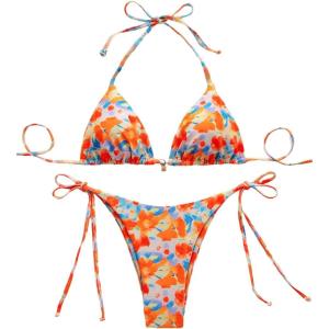 imageWomens 2 Piece Bikini Set Lemon Floral Print Halter Tie Backless Swimsuits Cute String Bathing SuitOrange