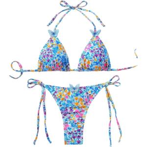 imageWomens 2 Piece Bikini Set Tie Side Halter Triangle Bathing Suit Summer BeachwearLight Blue