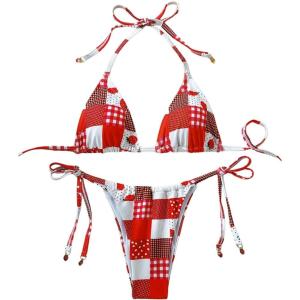 imageWomens 2 Piece Bikini Set Tie Side Halter Triangle Bathing Suit Summer BeachwearRed