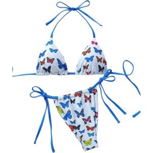 imageWomens 2 Piece Boho Bikini Sets Tropical Graphic String Bathing Suit SwimsuitBlue and White