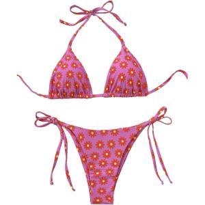 imageWomens 2 Piece Boho Bikini Sets Tropical Graphic String Bathing Suit SwimsuitDeep Pink