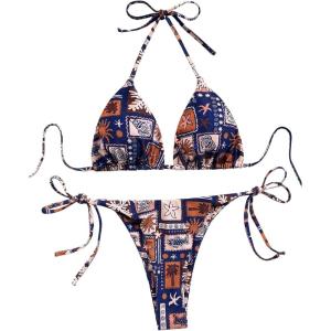 imageWomens 2 Piece Boho Bikini Sets Tropical Graphic String Bathing Suit SwimsuitMulticolor