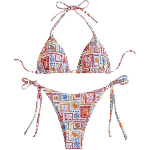 imageWomens 2 Piece Boho Bikini Sets Tropical Graphic String Bathing Suit SwimsuitMulticoloured