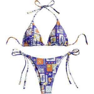 imageWomens 2 Piece Boho Bikini Sets Tropical Graphic String Bathing Suit SwimsuitRoyal Blue