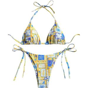 imageWomens 2 Piece Boho Bikini Sets Tropical Graphic String Bathing Suit SwimsuitYellow