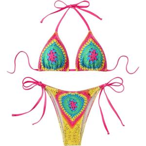 imageWomens 2 Piece Boho Graphic Bathing Suit Triangle Halter Neck Swimsuit Colorblock String Bikini SetsMulticolor