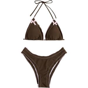 imageWomens 2 Piece Bowknot High Cut Bikini Sets Halter Backless Lettuce Trim Bathing Suit SwimsuitBrown