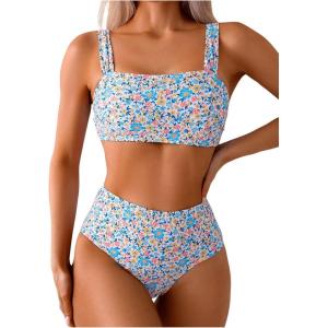 imageWomens 2 Piece Floral Bathing Suit Square Neck High Waisted Bikini Padded Cute Swimsuit SetBlue