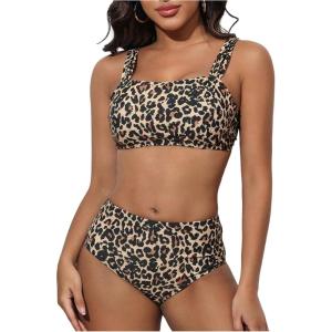 imageWomens 2 Piece Floral Bathing Suit Square Neck High Waisted Bikini Padded Cute Swimsuit SetBrown