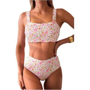 imageWomens 2 Piece Floral Bathing Suit Square Neck High Waisted Bikini Padded Cute Swimsuit SetPink