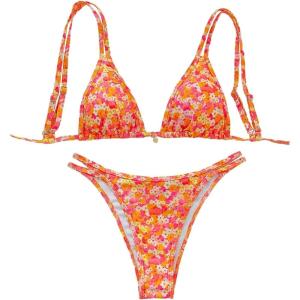 imageWomens 2 Piece Floral Bikini Sets Triangle Spaghetti Strap Bathing Suit Padded Cut Out SwimsuitOrange