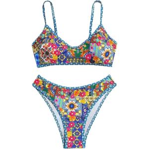 imageWomens 2 Piece Floral Boho High Cut Bikini Sets Wireless Swimsuit Bathing SuitMulticolor