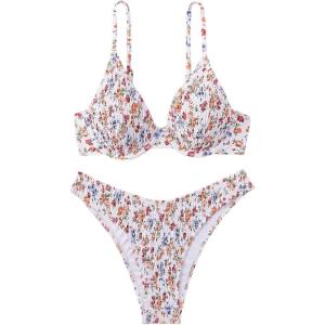 imageWomens 2 Piece Floral High Cut Bikini Sets Smocked Tie Back Underwire Bathing Suit Boho SwimsuitMulticolor