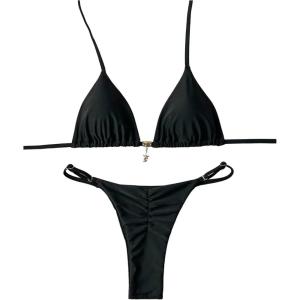 imageWomens 2 Piece High Cut Swimsuit Halter Triangle Ruched Bikini Sets Vacation Bathing SuitBlack
