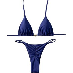 imageWomens 2 Piece High Cut Swimsuit Halter Triangle Ruched Bikini Sets Vacation Bathing SuitBlue