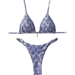 imageWomens 2 Piece High Cut Swimsuit Halter Triangle Ruched Bikini Sets Vacation Bathing SuitBlue and White