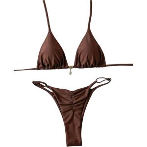 imageWomens 2 Piece High Cut Swimsuit Halter Triangle Ruched Bikini Sets Vacation Bathing SuitCoffee Brown
