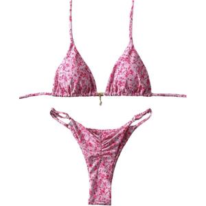 imageWomens 2 Piece High Cut Swimsuit Halter Triangle Ruched Bikini Sets Vacation Bathing SuitFloral Pink