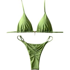 imageWomens 2 Piece High Cut Swimsuit Halter Triangle Ruched Bikini Sets Vacation Bathing SuitLight Green