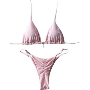 imageWomens 2 Piece High Cut Swimsuit Halter Triangle Ruched Bikini Sets Vacation Bathing SuitPink