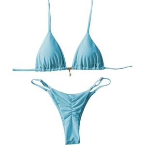 imageWomens 2 Piece High Cut Swimsuit Halter Triangle Ruched Bikini Sets Vacation Bathing SuitPure Blue