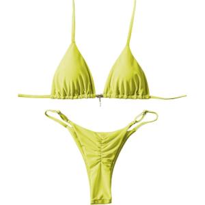 imageWomens 2 Piece High Cut Swimsuit Halter Triangle Ruched Bikini Sets Vacation Bathing SuitPure Yellow