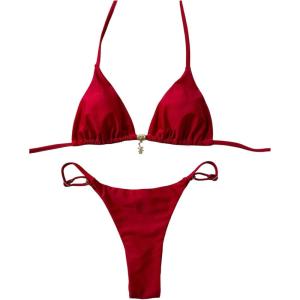 imageWomens 2 Piece High Cut Swimsuit Halter Triangle Ruched Bikini Sets Vacation Bathing SuitRed Violet
