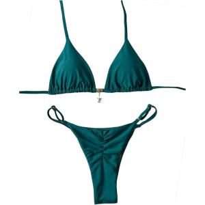 imageWomens 2 Piece High Cut Swimsuit Halter Triangle Ruched Bikini Sets Vacation Bathing SuitTeal Blue