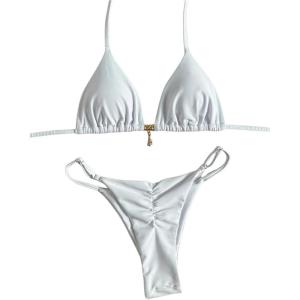 imageWomens 2 Piece High Cut Swimsuit Halter Triangle Ruched Bikini Sets Vacation Bathing SuitWhite